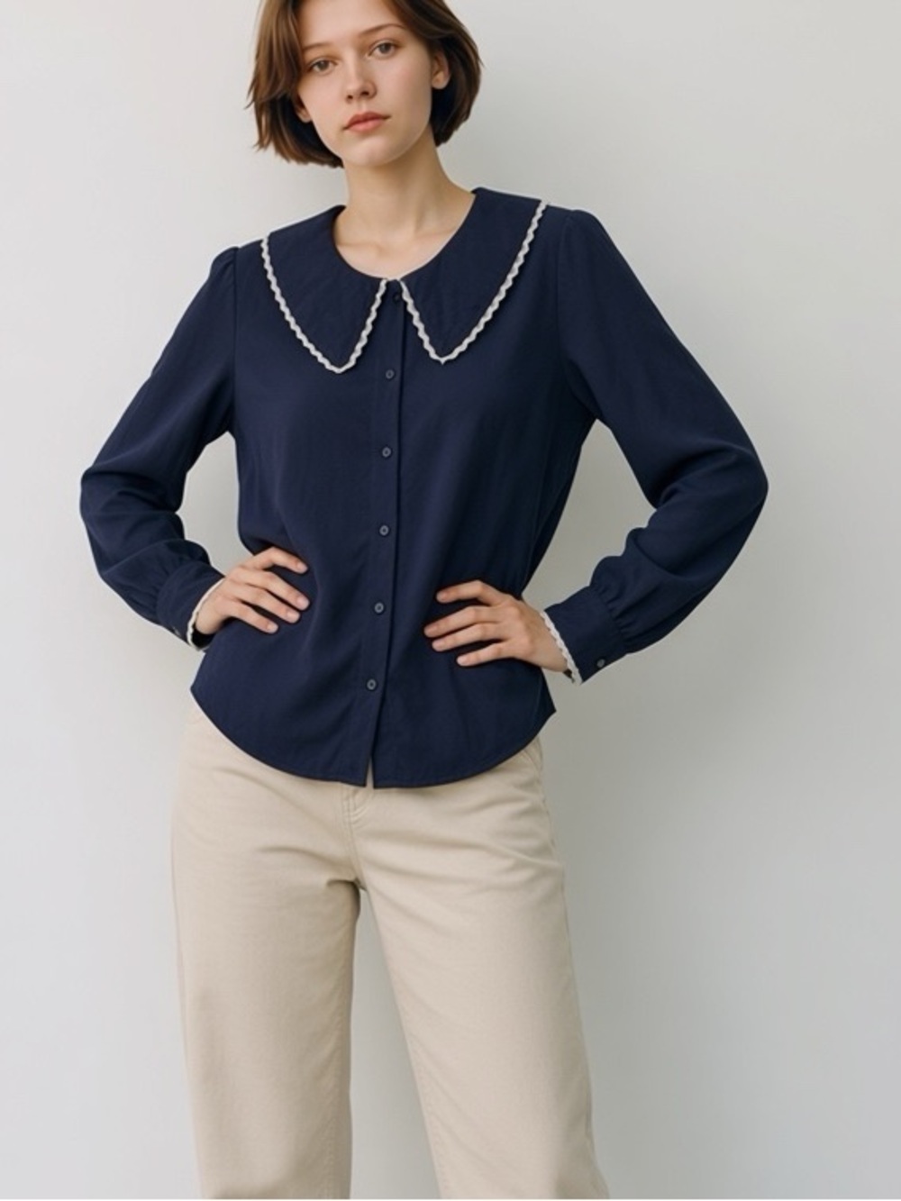 Aritzia Sunday Best Navy Blue Peter Pan Collar Blouse Sz XS